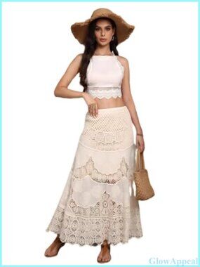 Crochet Eyelet Lace High Waisted A-Line Flowy Maxi Beach Cover Up Skirt